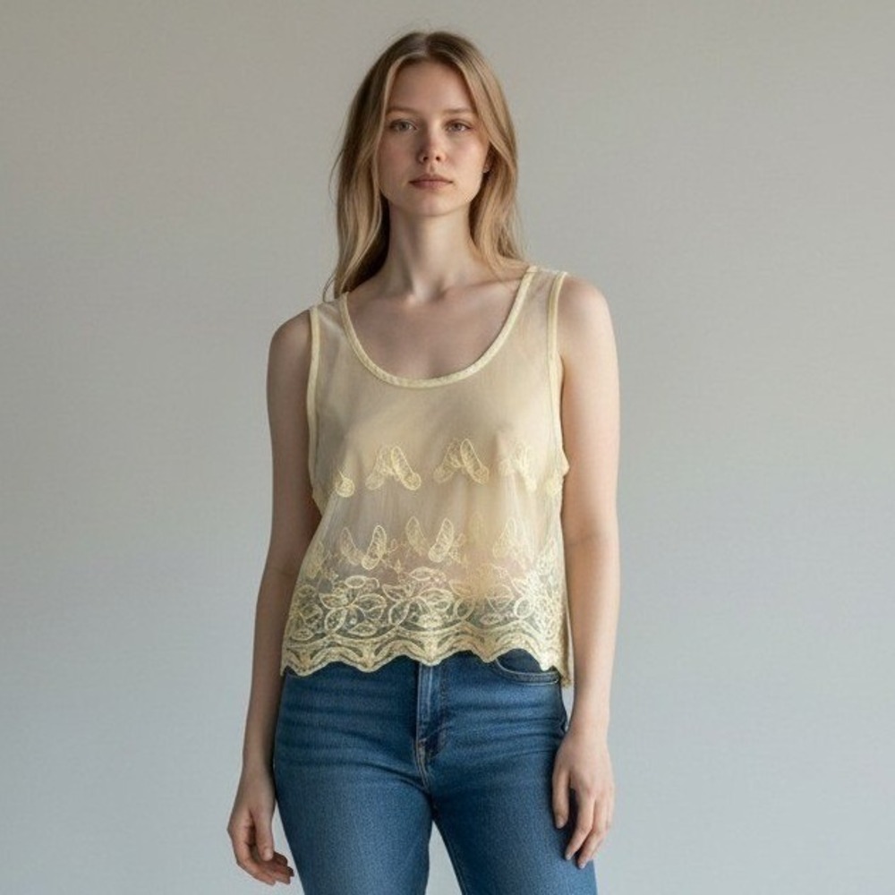 Charlotte Russe Womens XS Yellow Sheer Mesh Butterfly Embroidered Tank Top